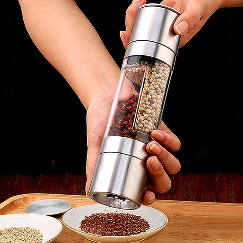 2 in 1 Stainless Steel Salt and Pepper Grinder Set Double Head Salt and Pepper Grinder Manual Salt and Pepper Mill Grinder Salt Grinder Refillable Sea Salt Grinder Salt Pepper Grinder2