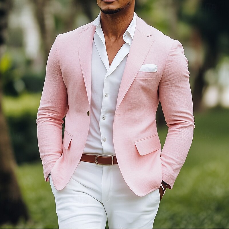 Men's Linen Blazer Sport Coat Notch Collar Fashion Casual Solid Colored Blazer Yellow Pink Sky Blue Standard Fit Single Breasted One-button2