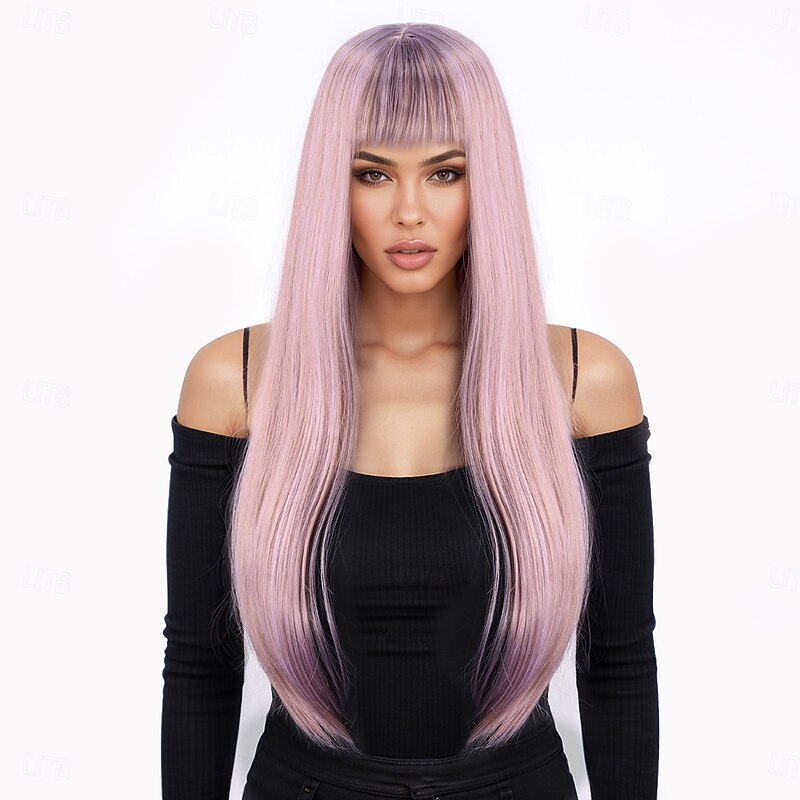 Synthetic Wig Wavy Deep Wave Neat Bang With Bangs Machine Made Wig 26 inch A1 Synthetic Hair Women's Classic Comfortable Color Gradient Pink2