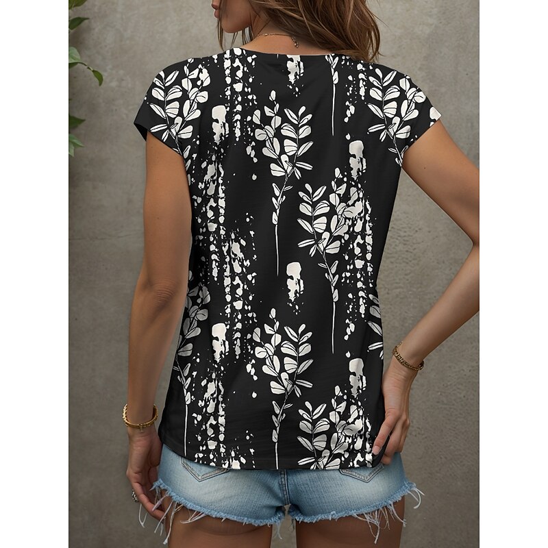 Women's Blouse Graphic Plants Vintage Stylish Classic Sleeveless Short Sleeve V Neck Regular Tops Daily Print Black White Summer Spring2