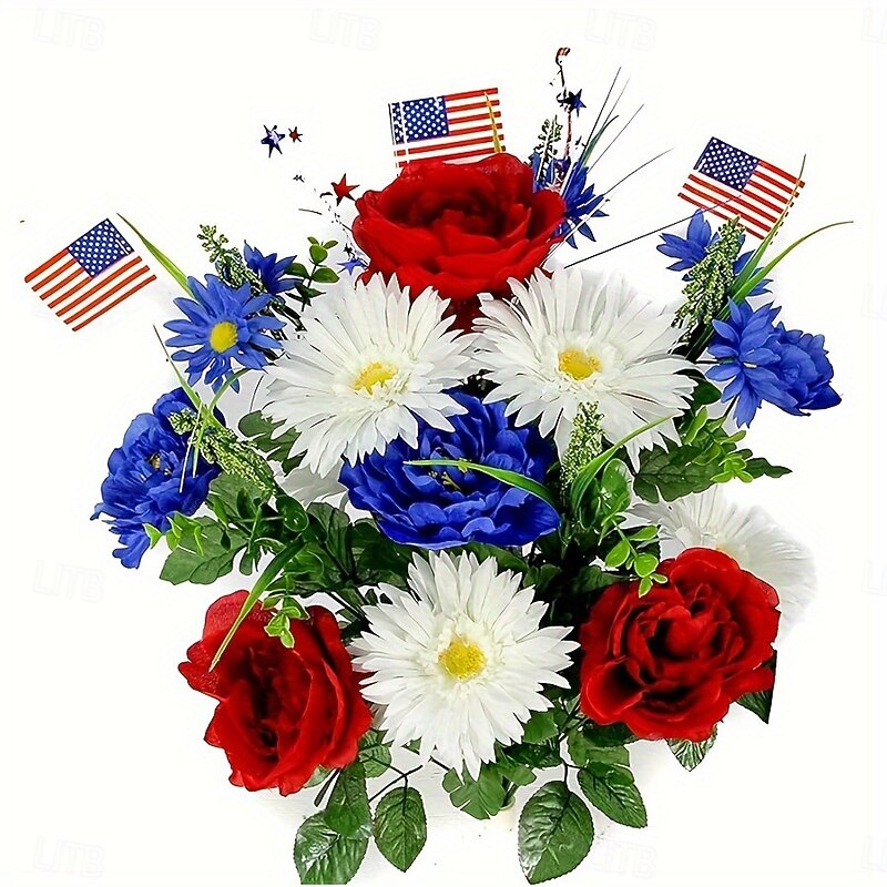 Patriotic Artificial Flowers 4th of July Bouquet Fake Independence Day Red White and Blue Cemetery Flowers with American Flags Roses Daisy for Grave Memorial Day  Veterans Decoration