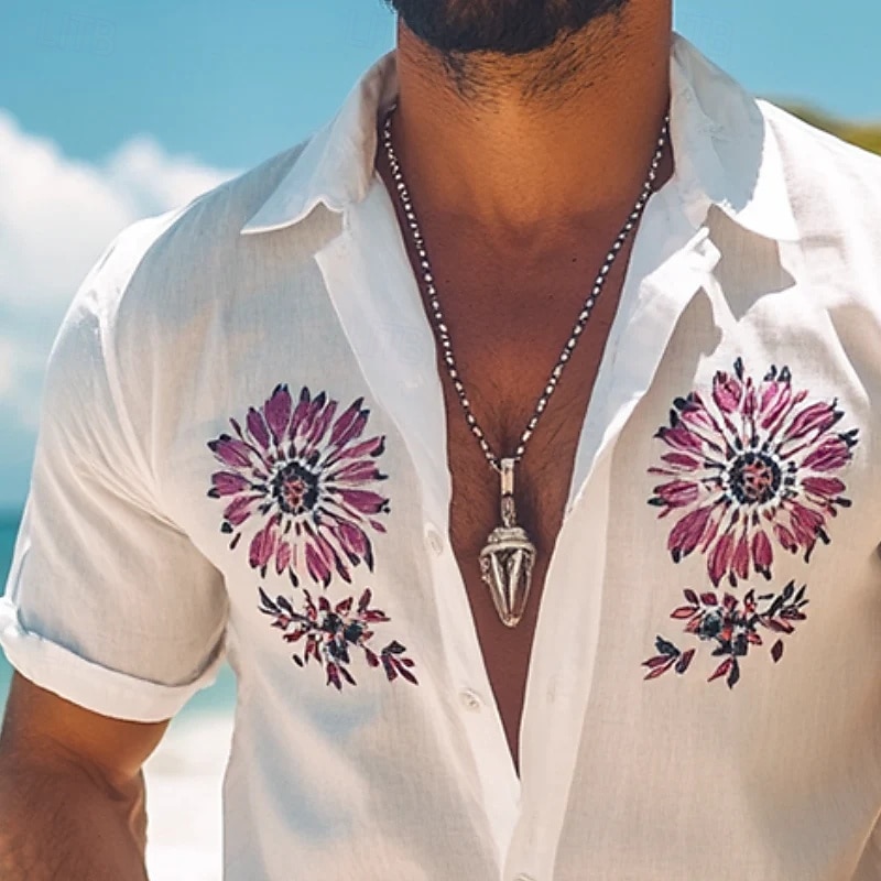 Men's Shirt Linen Shirt Beach Wear Summer Hawaiian Shirt Button Up Shirt Floral Vacation Holiday White Short Sleeve Turndown Summer Spring Clothing Apparel2