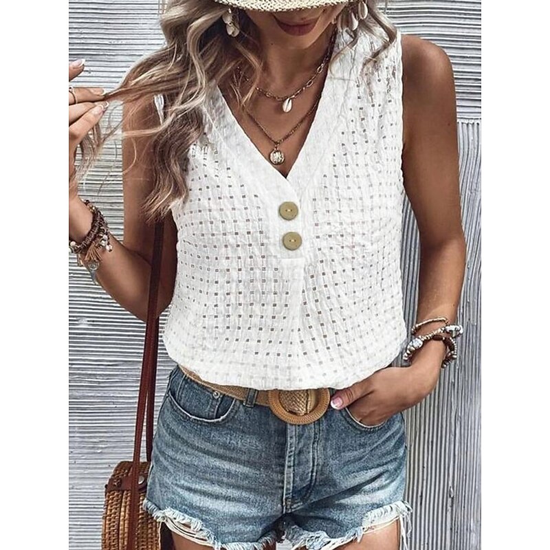 Women's Blouse Solid Color Elegant Vintage Tropical Sleeveless V Neck Regular Tops Daily Holiday Buttons Black White Light Green Pink Light Blue Summer Spring3