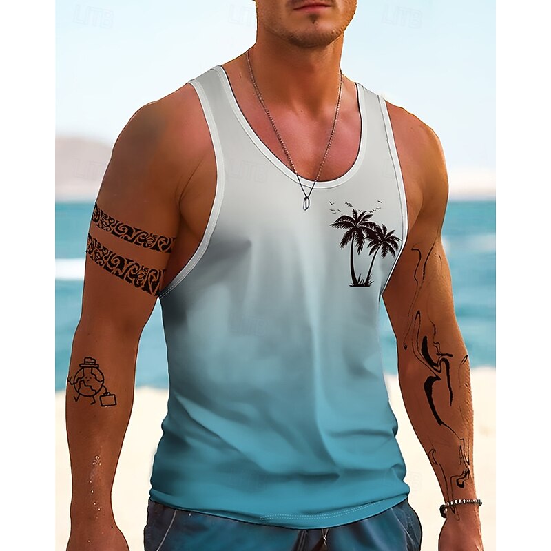 Men's Tank Top Vest Top Undershirt Sleeveless Shirt Sleeveless Crew Neck Summer Gradient Coconut Tree Fashion Designer Basic Print Vacation Street Going out Blue Orange Dark Blue Top Tee for Men2