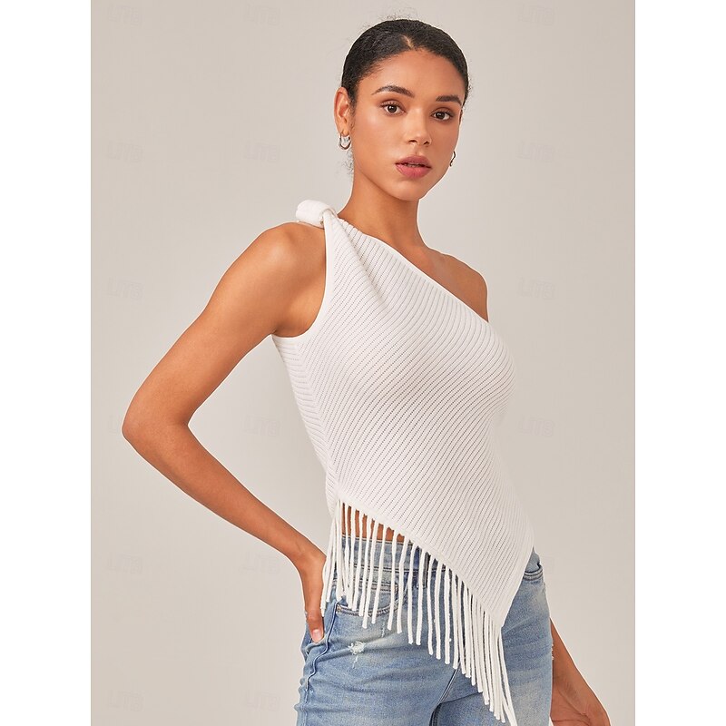Ivory Asymmetry Fringe Knit Top