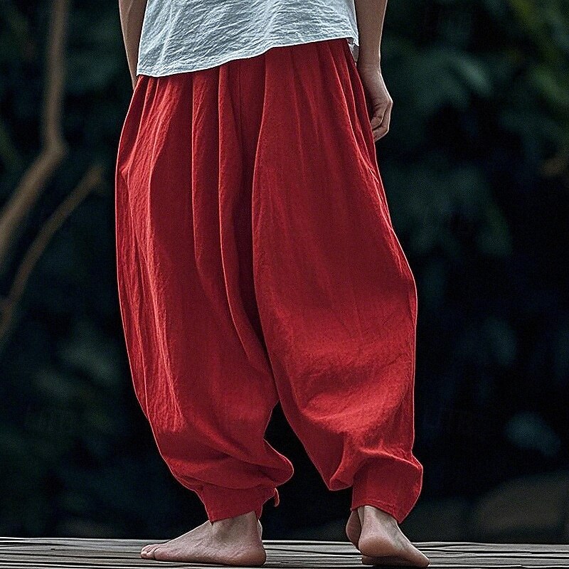 Men's Linen Pants Trousers Summer Pants Beach Pants Pocket Drawstring Elastic Waist Plain Comfort Breathable Vacation Daily Holiday Hawaiian Boho Wine2