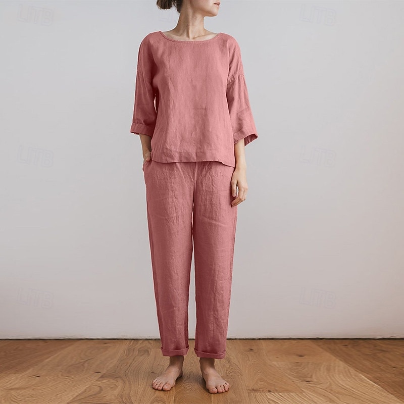 Women's Active Basic Cotton Linen Shirts Blouse Pants Sets Long Sleeve Crew Neck Solid Color Outdoor Going out Pink Army Green Beige Summer Regular Fit4