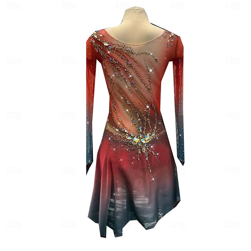 Figure Skating Dress Women's Girls' Ice Skating Dress Red Thumbhole Halo Dyeing High Elasticity Professional Competition Skating Wear Thermal Warm Crystal / Rhinestone Long Sleeve Ice Skating Figure3