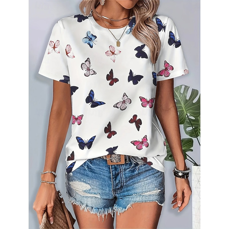 Women's T Shirt Graphic Animal Butterfly Vintage Stylish Classic Short Sleeve Crew Neck Round Neck Regular Tops Daily Weekend Print White Summer Spring3