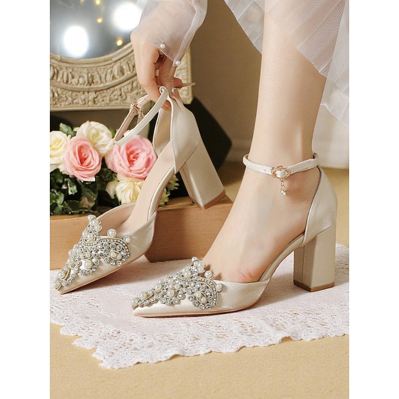 Women's Pearl and Rhinestone Embellished Block Heel Wedding Pumps - Pointed Toe Satin Bridal Shoes for Elegant Brides3