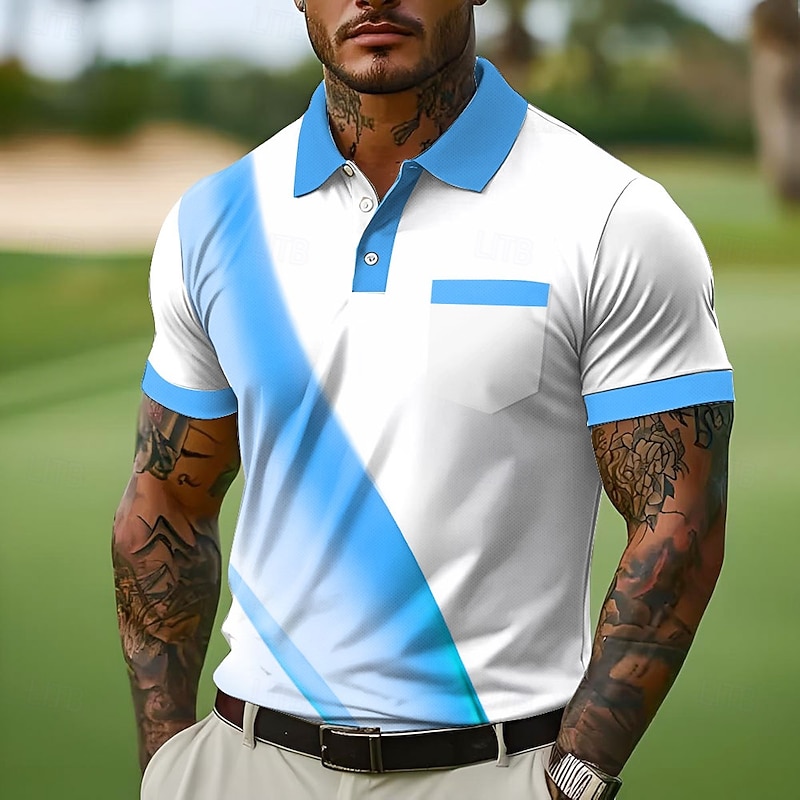 Men's Button Up Polos Business Casual Lapel Short Sleeve Office Geometic Line Buttons Pocket Summer Yellow Blue Orange Gray Button Up Polos3