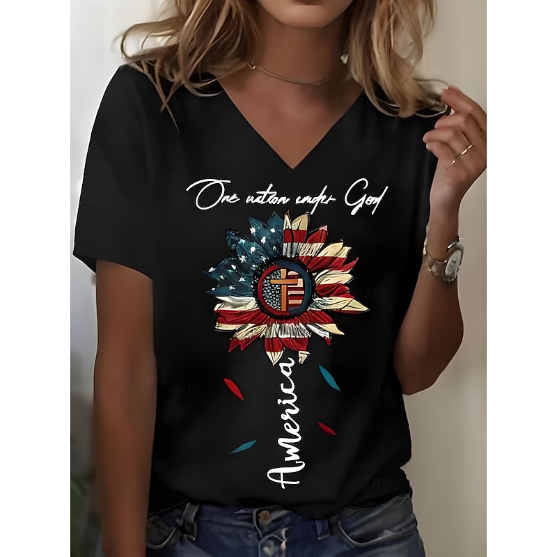 Women's Patriotic  T Shirt Graphic American Flag Vintage Stylish Classic Short Sleeve V Neck Regular Tops Daily Weekend Print Black White Yellow Blue Summer Spring3