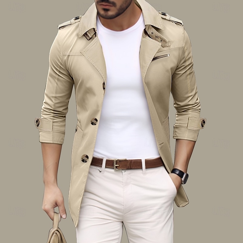 Men's Transition Jacket Trench Coat Going out Spring &  Fall Polyester Windbreaker Outerwear Clothing Apparel Streetwear Plain Turndown Single Breasted3