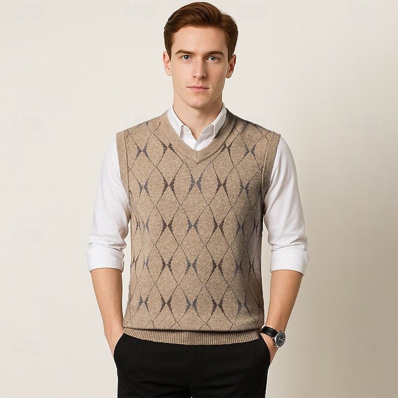Men Sweater Vest Knit Geometric V Neck Smart Casual Formal Vacation Clothing Apparel Spring Autumn Wine Dark Green S M L