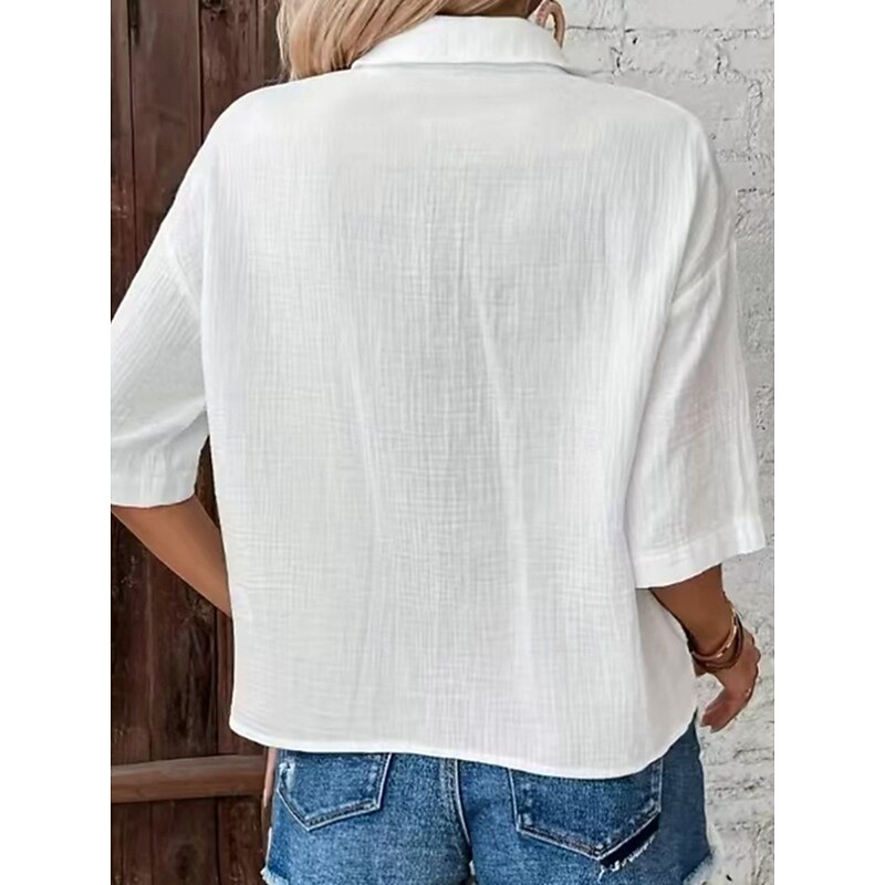 Women's Shirt Button Down Blouse Solid Color Stylish Casual Half Sleeve Shirt Button Down Blouse Collar Regular Tops Daily Buttons White Pink Green Light Blue Summer2