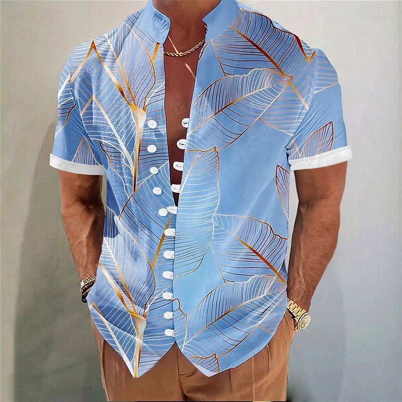 Men's Palm Leaf Tropical Plants Summer Hawaiian Shirt Aloha Shirt Stand Collar Shirt Short Sleeve Hawaiian Vacation Beach Wear Summer Spring Mandarin Collar 3D Print Button Down Shirts Pink Blue4