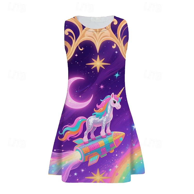 Girls' 3D Unicorn Dress Sleeveless Summer Spring Vacation Daily Holiday Princess Beautiful Sweet Kids 4-12 Years Casual Dress A Line Dress Knee-length Regular Fit3