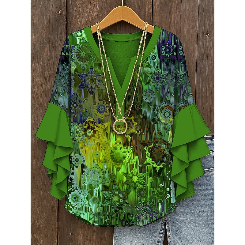 Women's Retro Blouse Layered Ruffle Sleeve Tops Vintage Graphic Abstract Bohemia Vintage Daily 3/4 Length Sleeve Regular Tops Daily Holiday Vacation Wear Print Red Blue Purple Green Summer4