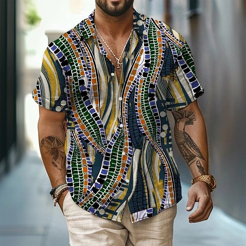 Men's Geometric Ethic / African Shirt Button Up Shirt Short Sleeve Vintage Retro Vacation Dailywear Beach Wear Summer Spring Turndown 3D Print Linen Like Shirt Blue Khaki