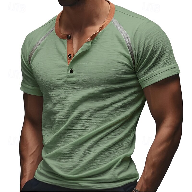 Men's T Shirt Henley Shirt Tee Short Sleeve Shirt Short Sleeve Henley Summer Plain Fashion Designer Basic Patchwork Buttons Vacation Street Going out White Blue Green Top Tee for Men3