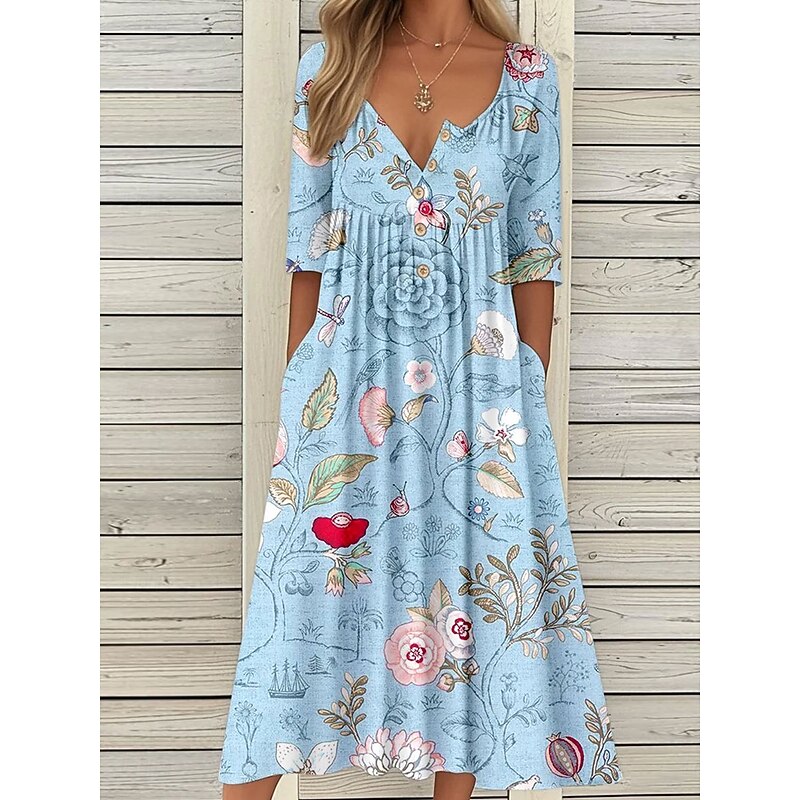 Women's Midi Dress Summer Dress Pleated Dress Vacation Casual Beach Holiday Regular Fit Floral Graphic Short Sleeve Crew Neck Blue Purple Orange Summer