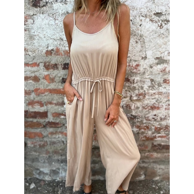 Women's Normal Jumpsuit Streetwear Solid Color Sleeveless Crew Neck Pocket Drawstring Street Daily Regular Fit Black Fuchsia Gold Summer