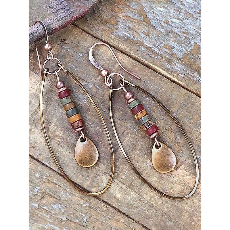 Women's boho chic earrings with colorful beads and gold oval design, Perfect for casual wear and summer festivals