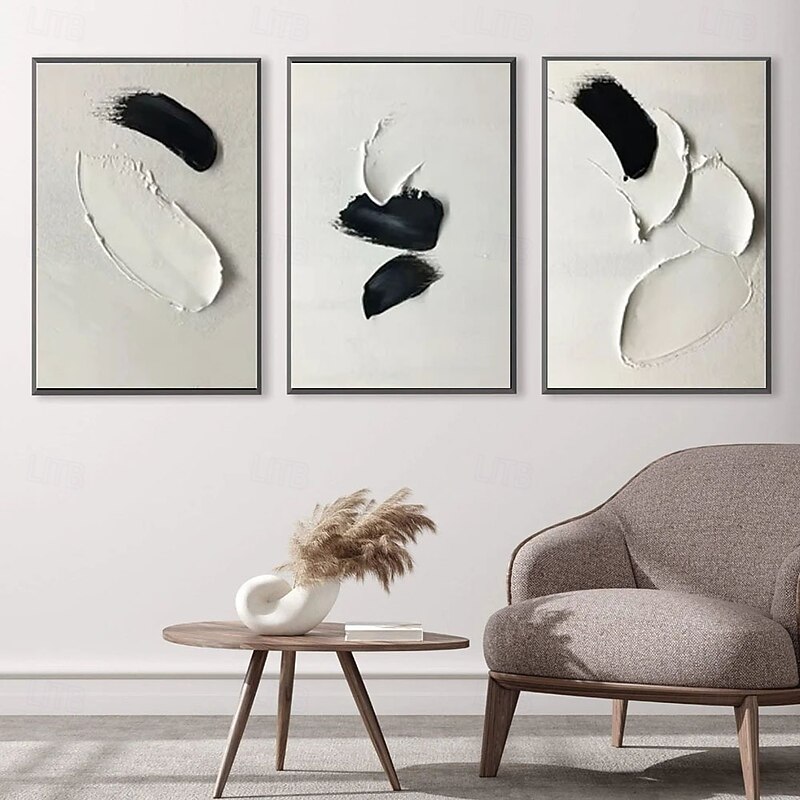 Black and White oil painting handmade Wall Art Set of 3 Abstract Painting on Canvas hand painted Texture mordern painting Wall Art Modern Abstract painting Wall Art Wal Decor3