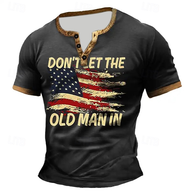 Men's Flag Funny Slang T Shirt Henley Shirt Short Sleeve Designer Retro Vintage Casual Street Casual Daily Summer Spring Dark Gray Henley Henley T-Shirt