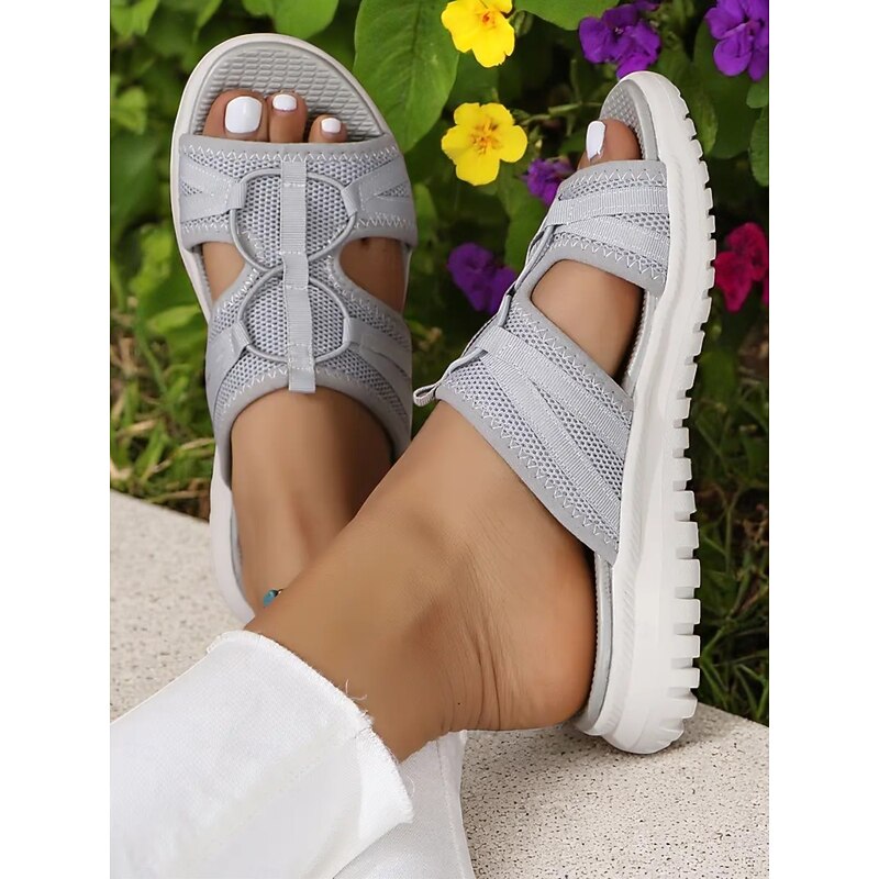 Women's Flyknit Sport Sandals – Lightweight Grey Mesh Slide Sandals, Flexible Sole, Perfect for Gardening and Daily Walks2