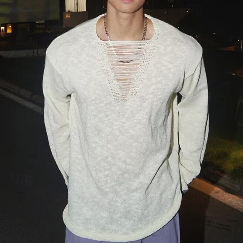 Men's T Shirt Tee Tee Top Long Sleeve Shirt Long Sleeve Crew Neck Summer Spring Plain Fashion Designer Basic Hole Vacation Street Going out Black White Top Tee for Men2