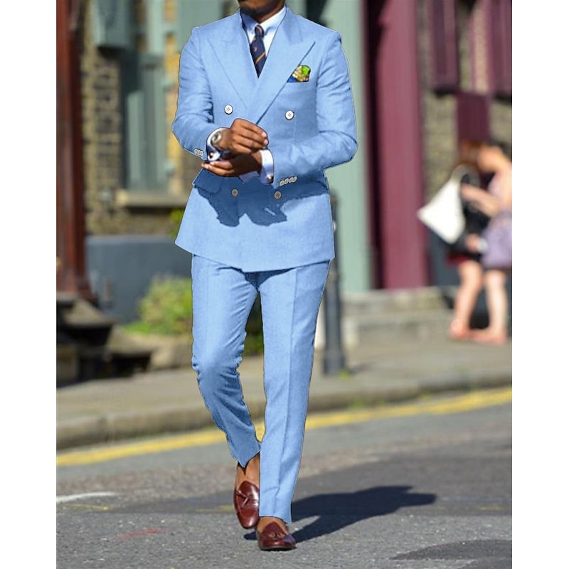 Men's Wedding Suits Peak Sky Blue Solid Colored Standard Fit 2 Piece Double Breasted Six-buttons