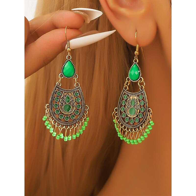 Women's Bohemian Teardrop Dangle Earrings – Vintage Tribal Style with Beaded Fringe, Lightweight Statement Jewelry for Parties and Festivals