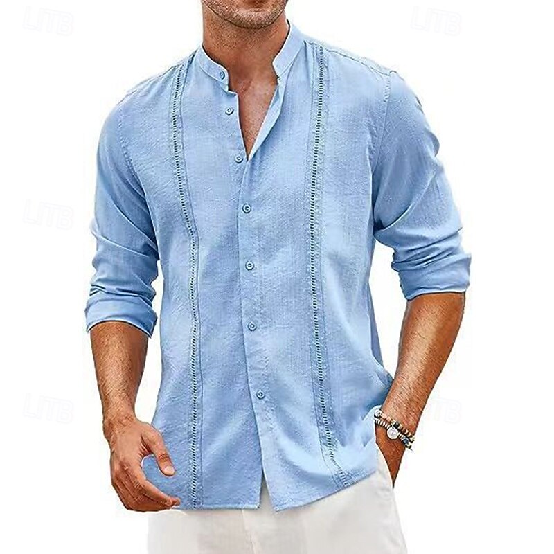 Men's Shirt Linen Shirt Guayabera Shirt Summer Shirt Beach Wear Button Up Shirt Solid Color Vacation Holiday Black White Light Green Pink Long Sleeve Shirt Collar Summer Spring Clothing Apparel3