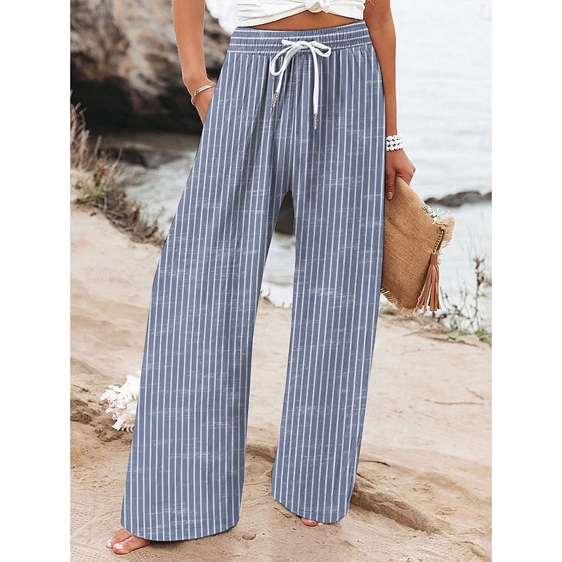 Women's Wide Leg Chinos Baggy Pants Vacation Vintage Fashion Full Length High Waist Graphic Striped Printing Micro-elastic Formal Vacation Street Violet Robin's Egg Blue Green Summer Spring Regular