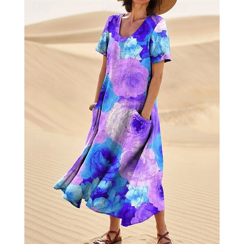 Women's Long Dress Maxi Dress Casual Dress Swing Dress Summer Dress Elegant Fashion Romantic Outdoor Party Holiday Regular Fit Flower Short Sleeve Crew Neck Purple Rainbow Rose Red Summer3