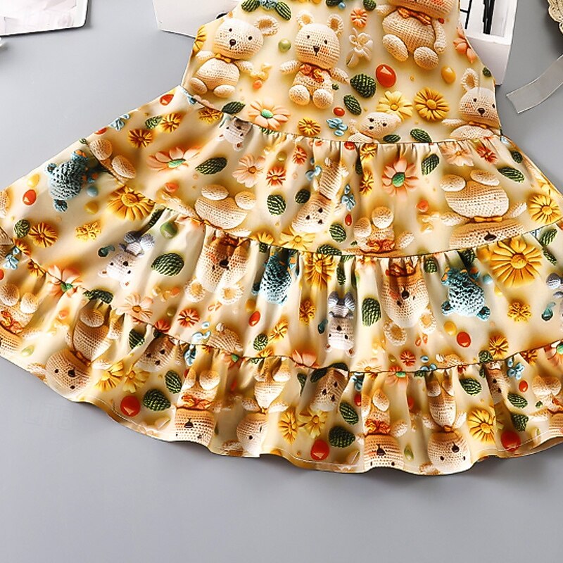 Kids Girls' Dress Flower Sleeveless Outdoor Ruched Adorable Viscose Fibre Knee-length Casual Dress Summer 4 years+ Yellow3