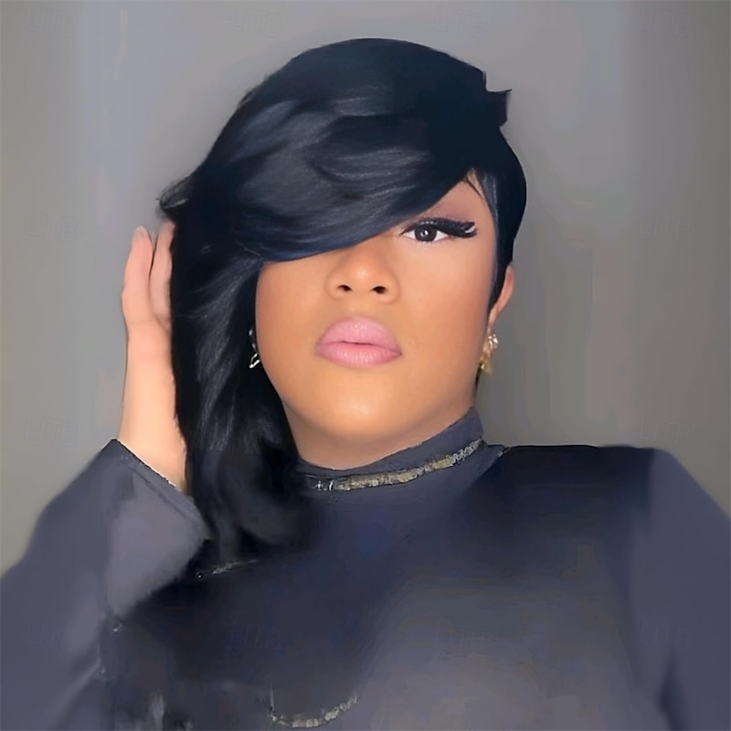 Pixie Cut Wigs for Black Women Model Length Chic Elegent Short Layered Pixie Haircut Wigs With Bangs Synthetic Wig4