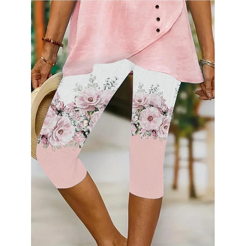 Women's Leggings Vacation Vintage Fashion Calf-Length High Waist Floral Graphic Leaf Printing Breathable Soft Stretchy Formal Outdoor Vacation Robin's Egg Blue White Pink Summer Spring Slim Fit4