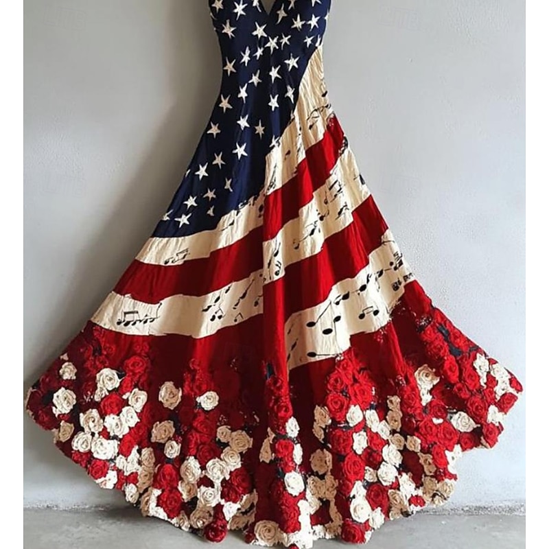 Women's Patriotic  Maxi Dress Sundress A Line Dress Slip Dress Vacation Casual Going out Beach Regular Fit Graphic National Flag Sleeveless V Neck Red Summer Spring2