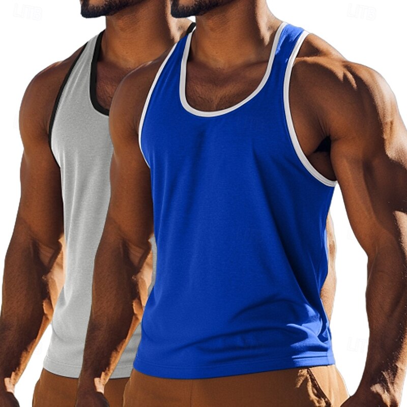 2PCS Men's Tank Top Vest Undershirt Sleeveless Shirt Sleeveless Crew Neck U Neck Summer Solid Color Plain Fashion Sporty Classic Color Block Basic Street Casual Sports Blue+Light Blue Royal Blue+Black4