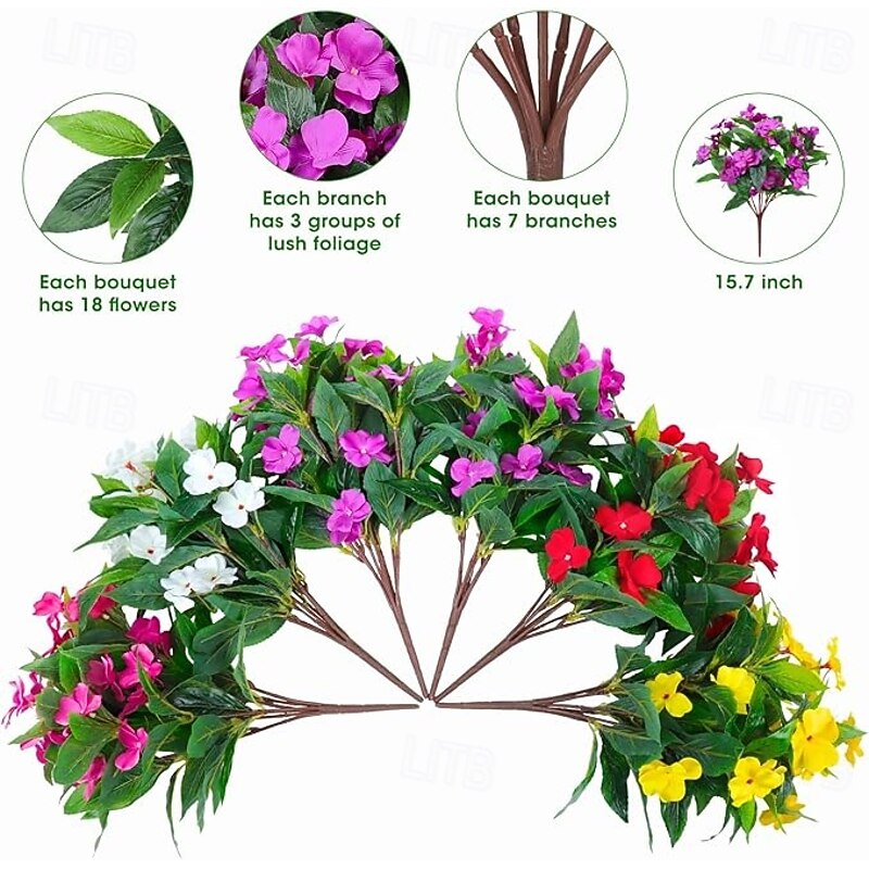 6 Bundles Artificial Impatiens Flowers for Outdoors Decoration Silk Flowers Bouquet Fake Plants UV Resistant for Spring Summer Garden Porch Window Box Balcony Home Decor Fuchsia2