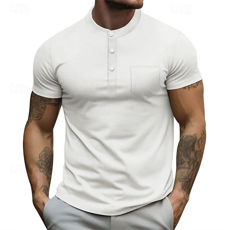 Men's T Shirt Henley Shirt Tee Short Sleeve Shirt Short Sleeve Henley Summer Color Block Fashion Designer Basic Pocket Vacation Street Going out Black White Navy Blue Top Tee for Men