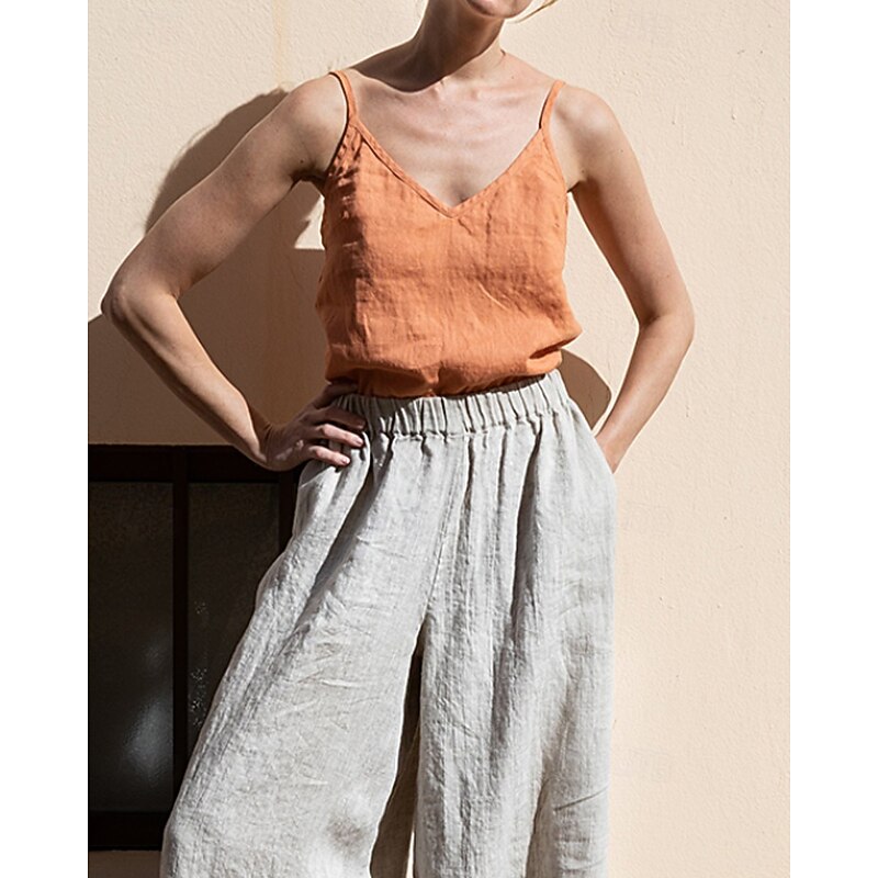Women's Cotton Linen Vest Blouse Camisole Tank Top Plain Casual Sleeveless V Neck Crop Tops Daily Going out Orange Green Summer2