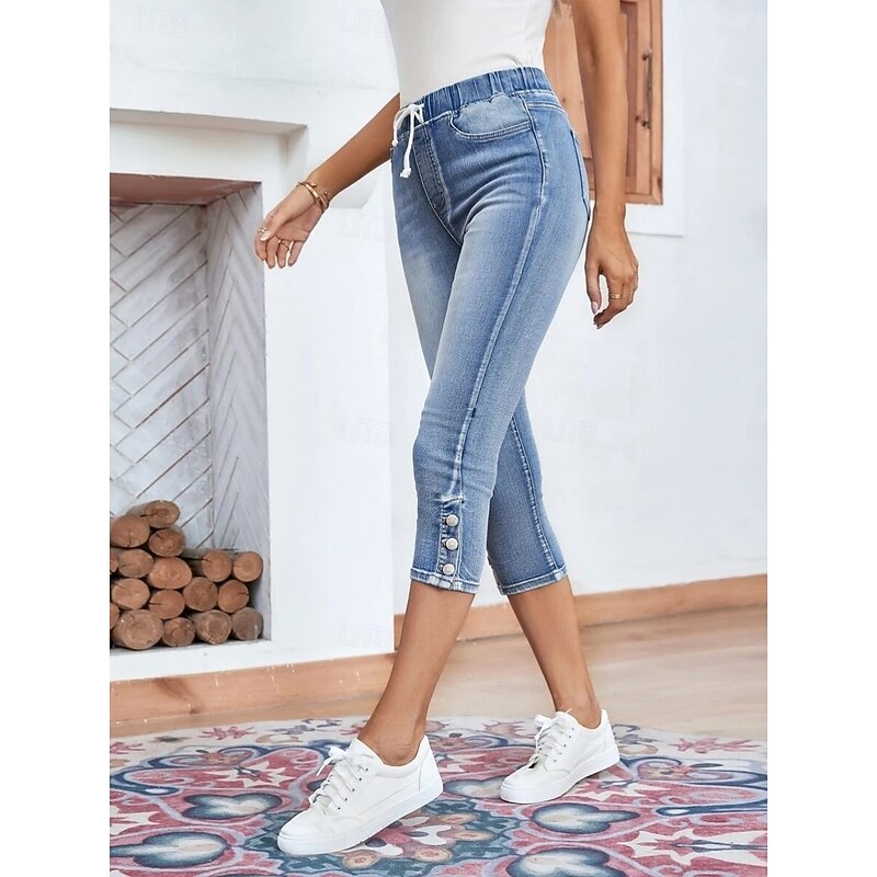 Women's Jeans Chinos Vacation Vintage Fashion Calf-Length High Waist Plain Pocket Comfy Soft Comfortable Stretchy Outdoor Street Light Blue Summer Regular Fit2