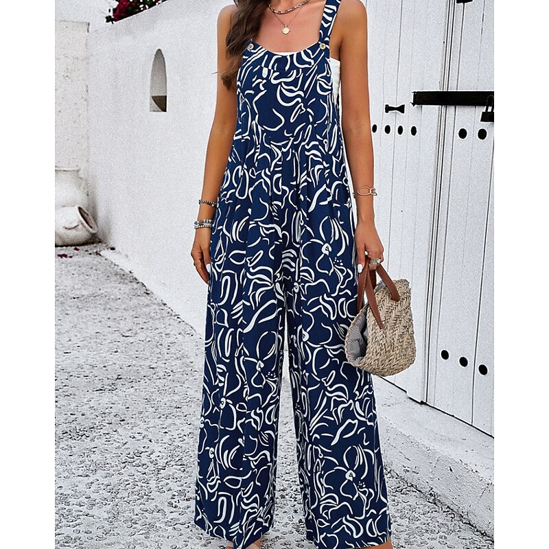 Women's Normal Jumpsuit Streetwear Floral Sleeveless U Neck Pocket Print Daily Going out Regular Fit Black Navy Blue Summer2