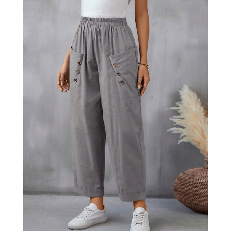 Women's Cotton Linen Pants Slacks Fashion Streetwear Full Length Natural Plain Pocket Elastic Waist Comfy Comfortable Going out Weekend Camel Black Pink Blue Summer Regular Fit3