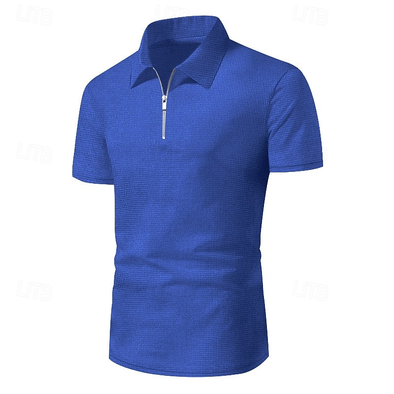 Men's Waffle Polo Shirts Quarter Zip Polo Daily Holiday Lapel Short Sleeve Fashion Basic Plain Summer Regular Fit Black White Blue Khaki Light Grey Waffle Polo Shirts