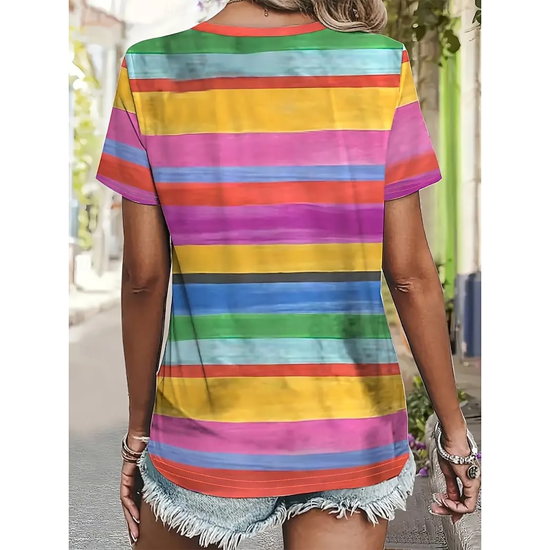 Women's T Shirt Summer Tops Graphic Striped Classic Casual Short Sleeve V Neck Crop Tops Daily Weekend Print Rainbow Summer Spring Fall2