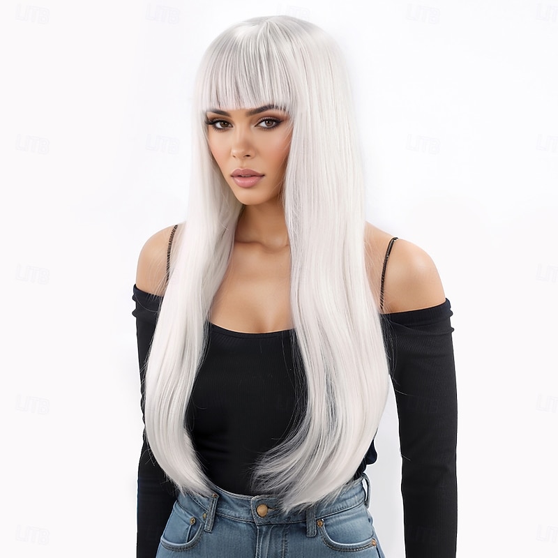 Synthetic Wig kinky Straight Natural Straight Layered Haircut With Bangs Machine Made Wig 24 inch A1 Synthetic Hair Women's Classic Comfortable Color Gradient White3